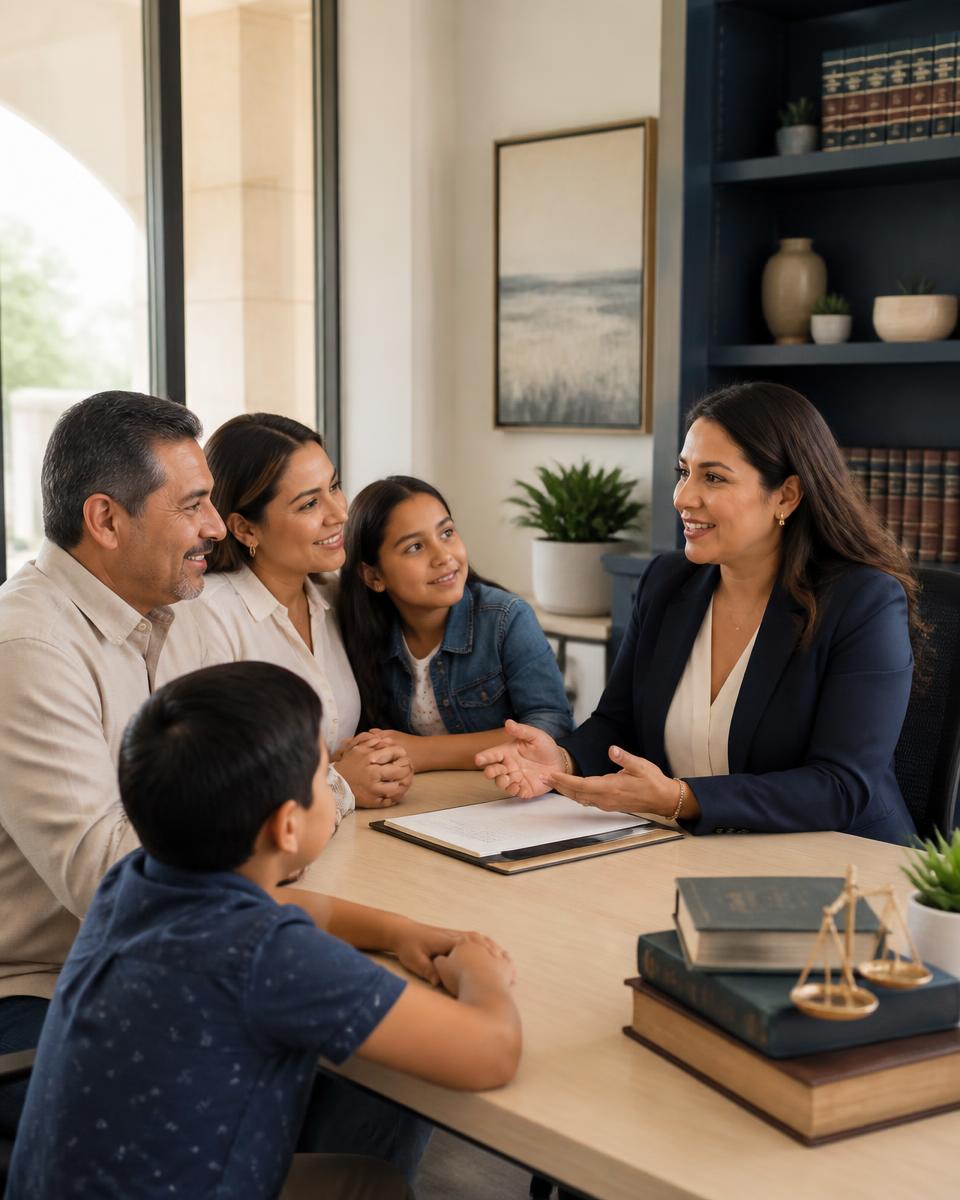 Immigration attorney meeting with a family in a bright South Texas office